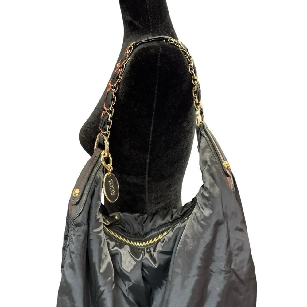 TOD’S Black Hobo Nylon Shoulder Bag w/ Gold Chain Strap & Leather Trim, Italy